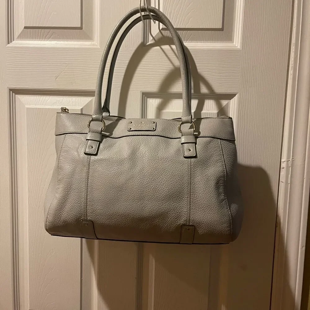 Kate Spade Elegant Gray Leather large Tote Bag silver tone hardwares .